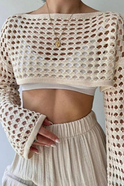 Swana Women's Openwork Detailed Spanish Sleeve Crop Knit Sweater - Beige Stan...