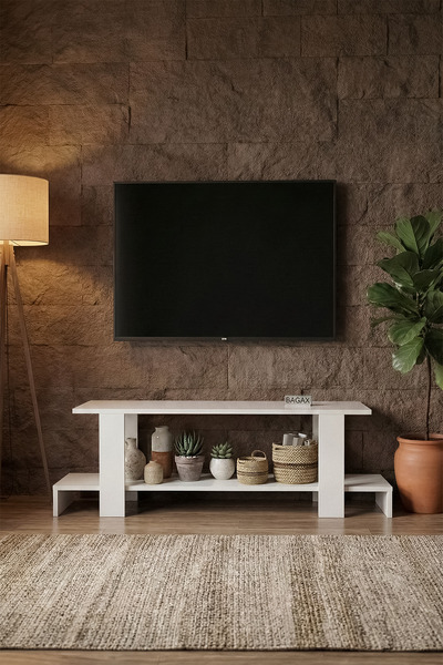 BAGAX Beyaz Açık Raflı Sade Tasarım Tv Ünitesi | - 140 cm