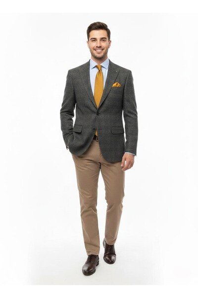 Presto Erkek Regülar 4 Drop Ekose Ceket Haki 1714-700