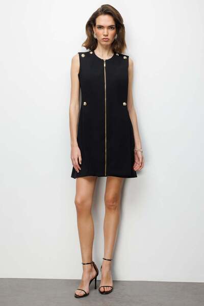 Ekol Süs Düğmeli Fermuarlı Midi Elbise