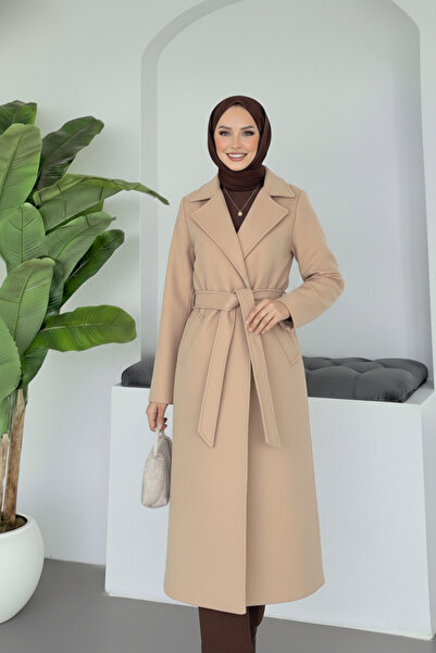 Aysan Moda Tesettür Kuşaklı Uzun Kaşe Kaban