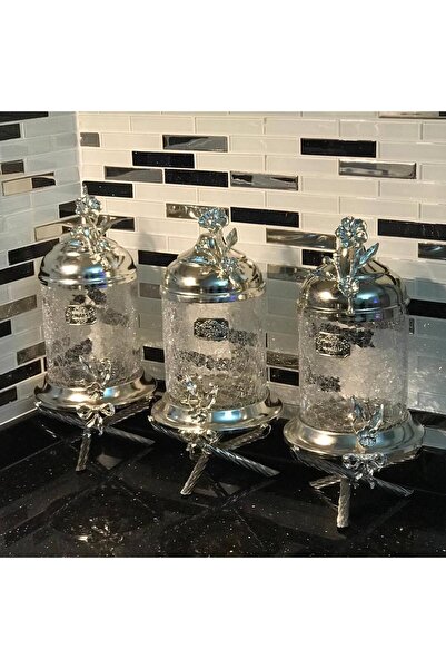AZADE BAKIR Silver Brass Japongül Luxury Cracked Glass Jar with Stands, Set of 3