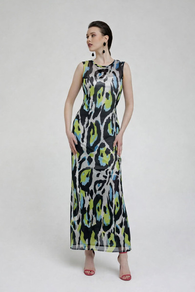 codemark فستان طويل من الشيفون المزخرف - مبطن، بدون أكمام، طول ماكسي