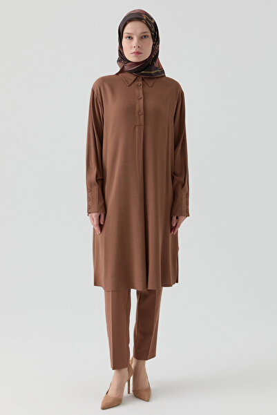 Tuğba Yarım Pat Detaylı Tunik - Taba