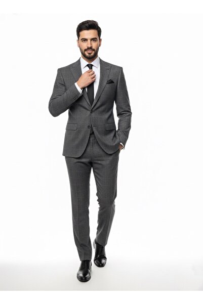 Presto Erkek Klasik Ekose Takım Elbise 6 Drop Siyah-667-001