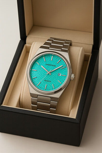 pierrose Gümüş Renk Çelik Kordon Turkuaz Kadran Takvimli Su Geçirmez Metal Er...