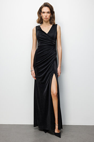 Ekol Büzgü Detaylı Yırtmaçlı Simli Elbise