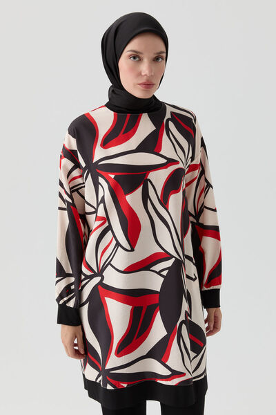 Tuğba Örme Kombinli Desenli Tunik - Kırmızı