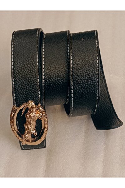 Butik Tülin Unisex Authentic Faux Leather Black Gold Color Crocodile Buckle B...