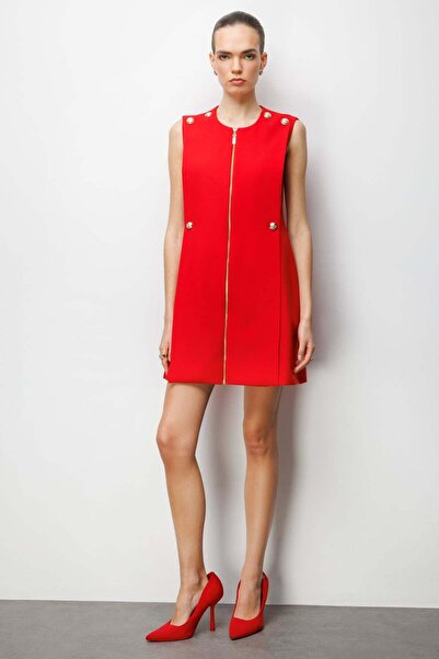 Ekol Süs Düğmeli Fermuarlı Midi Elbise