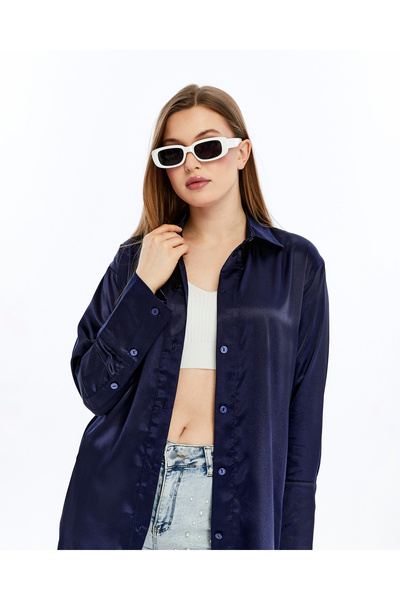 MADE BY ALİSHA Önden Düğmeli, Geniş Manşetli Uzun Saten Gömlek Elbise