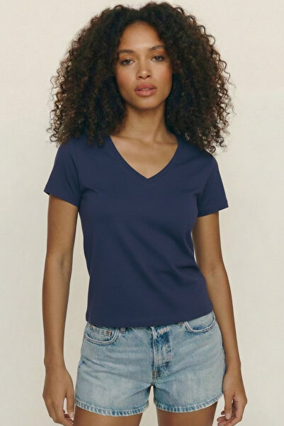 FHELIA Women's T-Shirt V-Neck 100% Cotton Slim Fit