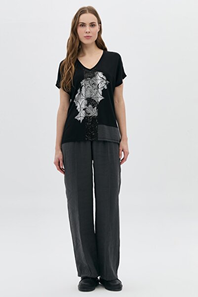 DAIDO Ön Orta Payetli Varaklı Garnili T-Shirt