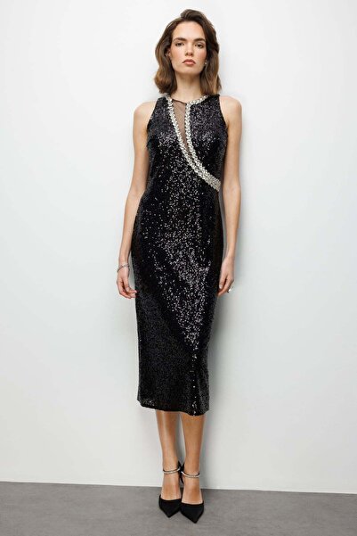 Ekol Pul Payetli Taşlı Maxi Elbise