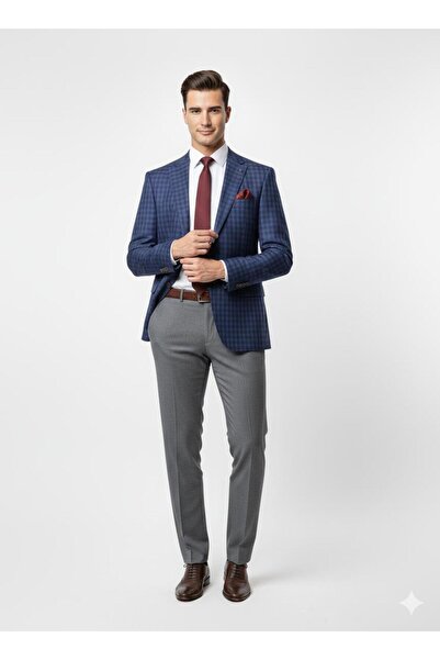 Presto Erkek Regülar 4 Drop Ekose Ceket Mavi 1593-250