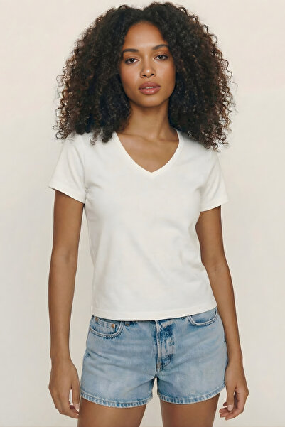 FHELIA Γυναικείο T-shirt με λαιμόκοψη V, 100% βαμβάκι, στενή εφαρμογή