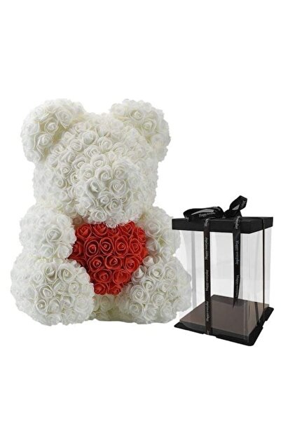 OEM Teddy Bear Made of Foam Roses, White with Red Heart, 40cm, Handmade