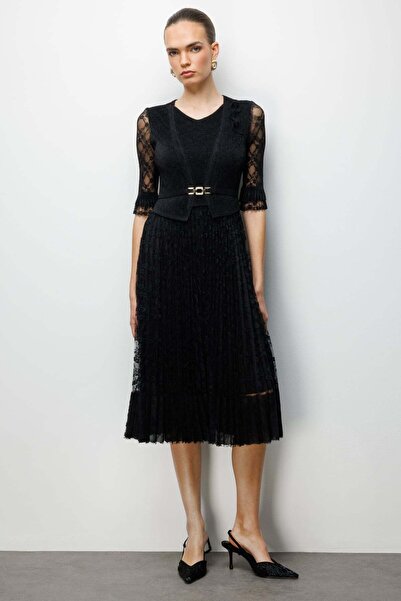 Ekol Desenli Dantelli Maxi Elbise