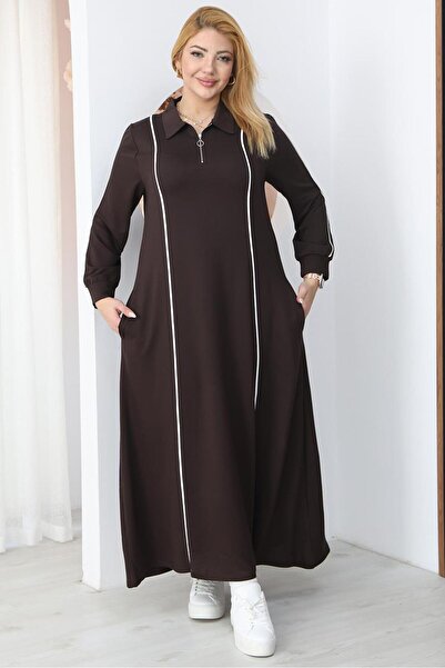 Siyezen Plus Size Striped Detail Polo Neck Dress