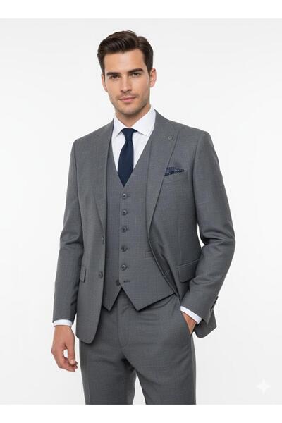 Presto **Erkek Premium Gri Yelekli Slim Fit Takım Elbise 6 Drop – Özel Kalıp,...