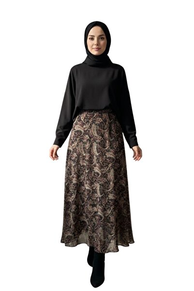 Thiff Hijab Women's Ethnic Pattern High Waist Lined Maxi Length Chiffon Skirt