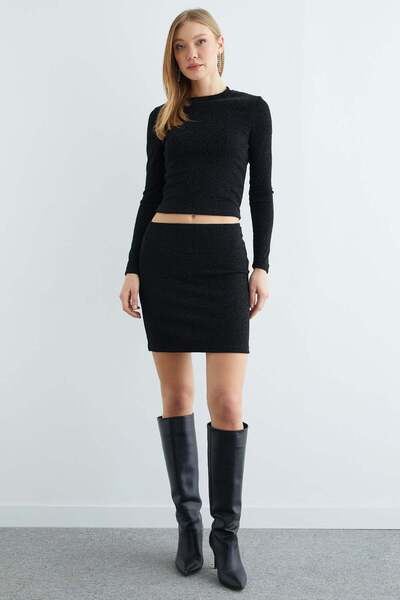 Fulla Moda Elastic Waist Stone Glitter Mini Skirt