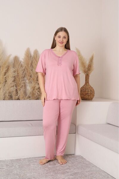 Elit Women's Plus Size Lace Collar Short Sleeve Bamboo Fabric Pajama Set Powder