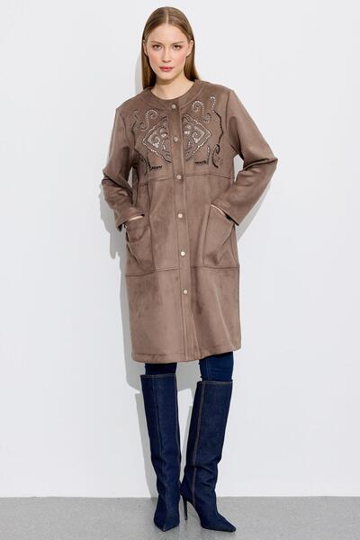 Tığ Triko Nakış Detaylı Süet Kap VİZON