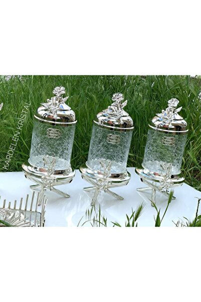 AZADE BAKIR Silver Brass Japongül Luxury Cracked Glass Jar with Stands, Set of 3