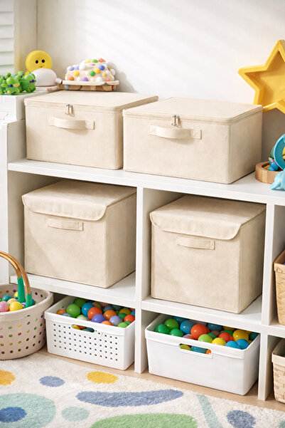 LUXWAY HOME 2 Adet Kapaklı Kutu Krem ve 2 Adet Destekli Hurç Krem Seti Şık Ta...