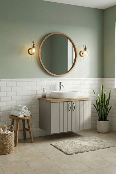 AdnDesing Banyo Dolabı-Asma 2 Kapaklı-Lavabosuz-Ahşap-Mat Vizon-Ahşap Tezgah-...