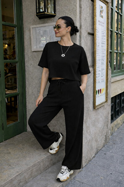 YAKAMEL Women's Ribbed Flexible Wide-Legged Lace-Up Waist Sweatpants Set