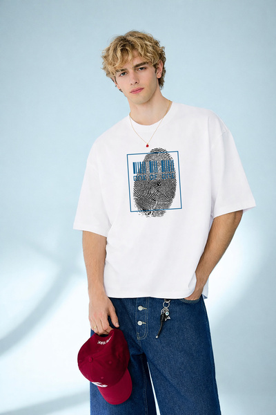 caddekombin Men's Modern Cyberpunk Style Fingerprint Printed White T-Shirt