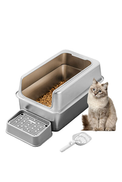 KidLe صندوق فضلات القطط من الفولاذ المقاوم للصدأ مع مغرفة، سهل التنظيف، سطح أ...