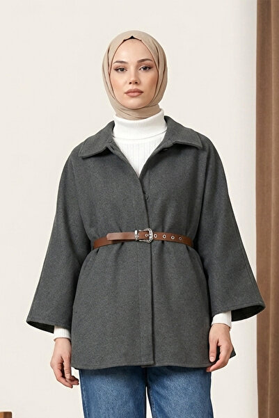 MODAQU Shirt Collar Belted Cashmere Poncho - Smoked