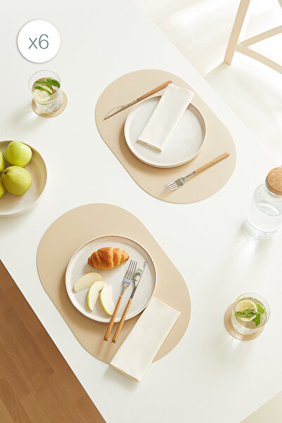 Homewave 6 Adet Bej/Taş Suni Deri Sofra Sunum Tabak Altlığı Supla Amerikan Se...