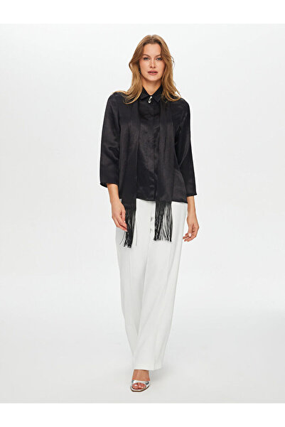 Faik Sönmez İnci Aksesuarlı Püskül Şallı İpeksi Tuşeli Şık Gömlek S26GML006