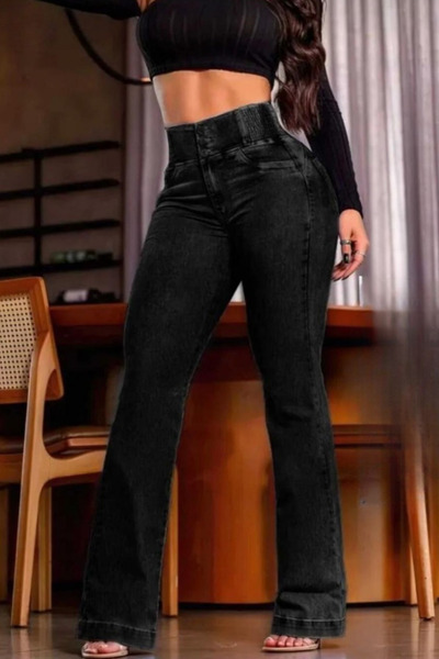 Swana Women's Spanish Flare Jeans with Elastic Waist - Black