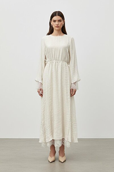 Soul Women's Belted Lace Detailed Long Dress-32466Elb - Beige