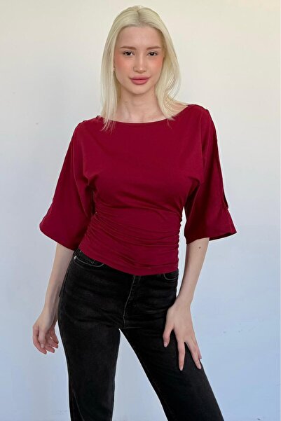 Madmext Burgundy Gathered Waist Bat Sleeve Open Shoulder Blouse Mg2672