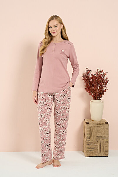 Owersleep Kadın İnterlok Genç Desenli Önü Patlı Pijama Takım | Gül Kurusu 3209