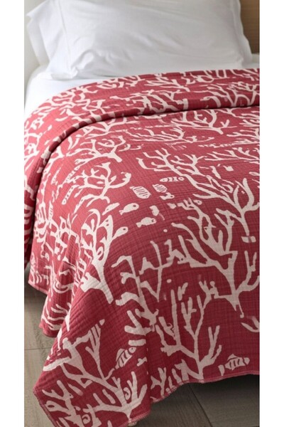 Mulberry Coral Pattern 4 Layer Muslin Pique Bedspread King Size 240X260 cm
