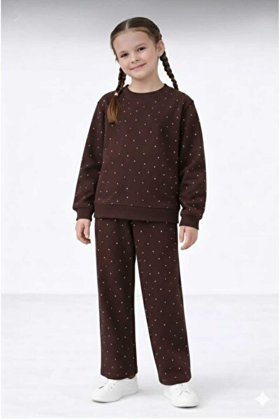 TUGSE Girl's Stone Detailed Dark Brown Color Comfortable Tracksuit Set