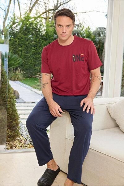 Pijamoni Crew Neck Short Sleeve Men's Burgundy Pajama Set