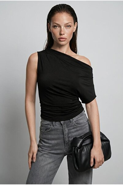 Madmext Bluză neagră pentru femei, cu un singur umăr, croială modernă, elegan...