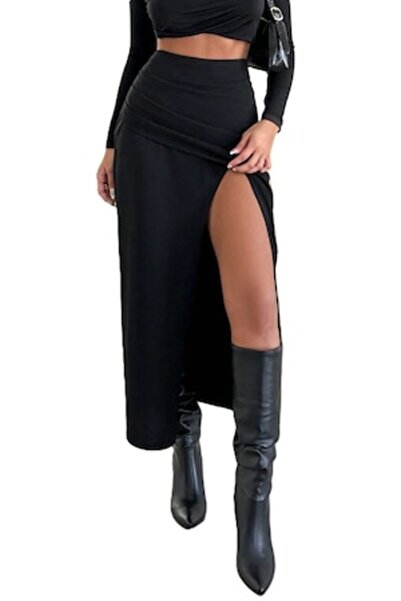 StreetWear Outlet Women's Skirt, High Slit, High Waist, Black, L