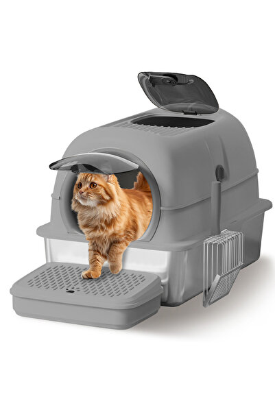 KidLe Stainless Steel Cat Litter Box with Steps & Scoop High Sides Easy to Clean