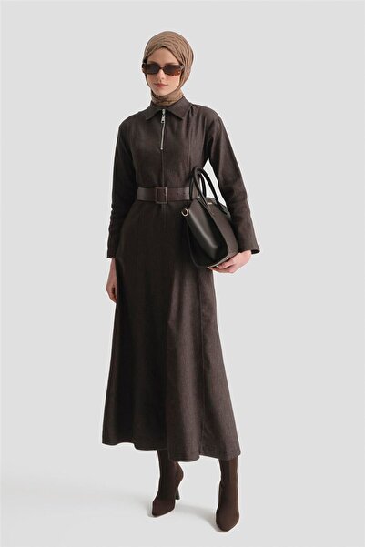 Armine Dikiş Detaylı Denim Elbise 25KD2396 Kahve