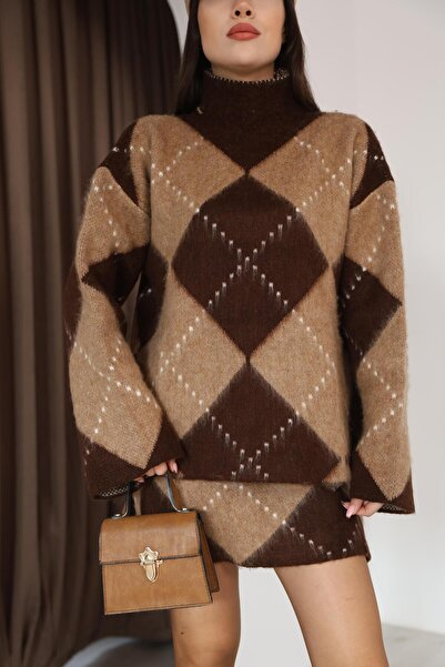 İgnites Camel Brown Diamond Patterned Skirt Sweater Set-İgni̇tes-00026