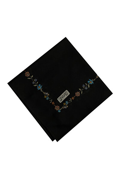 REYYAN İpek Mavi Kenar Çiçekli Siyah Yazma 100 cm